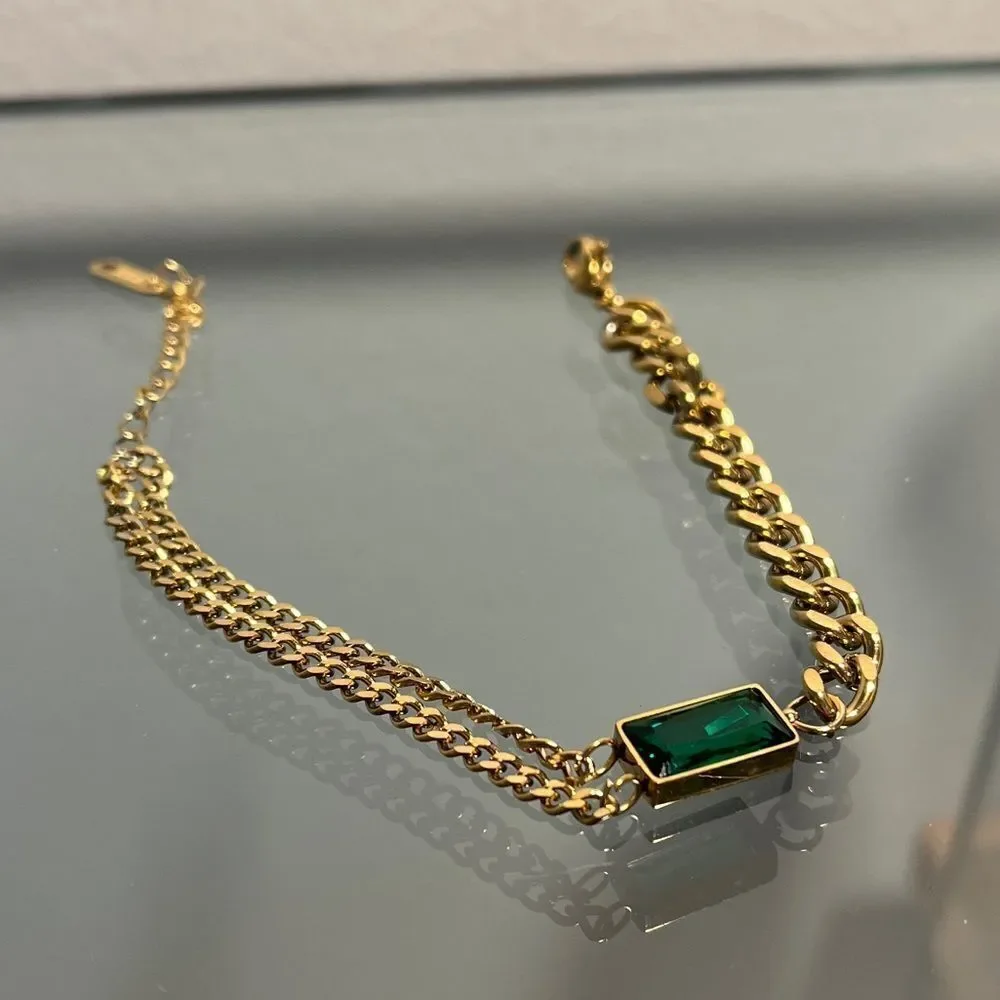 The Champion Bracelet 18K Gold Plated Link Chain w/ Green Gemstone